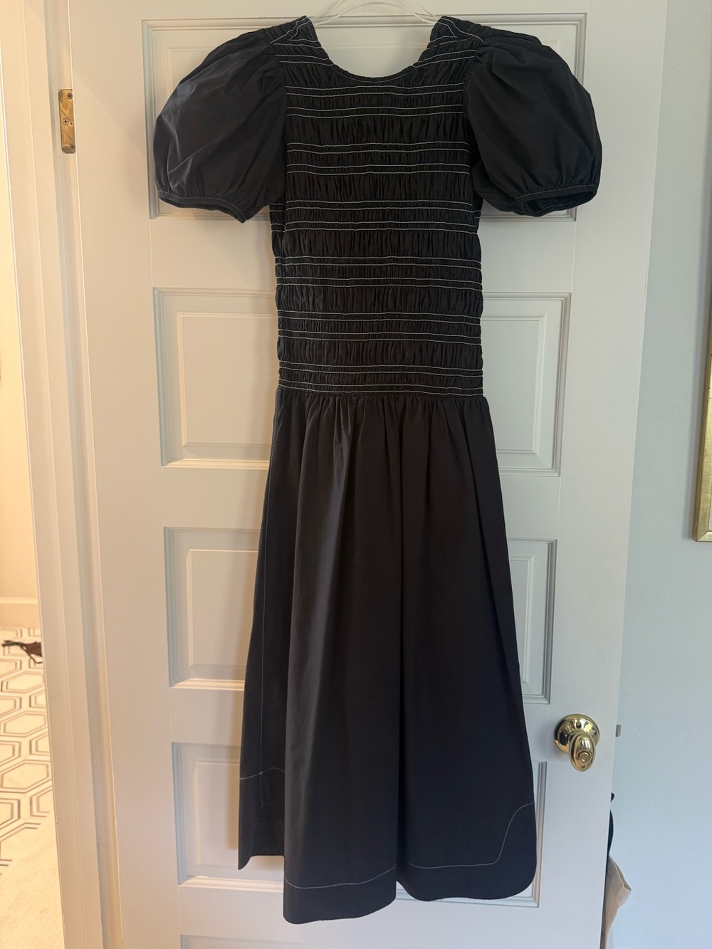 Ganni Black Puff-Sleeve Smocked Midi Dress